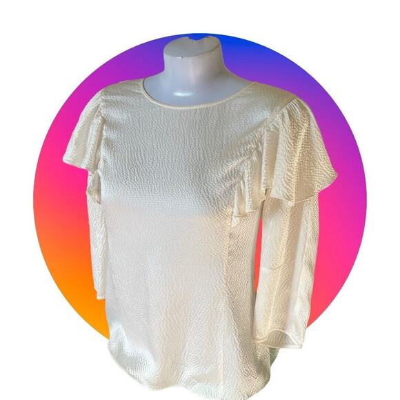 REBECCA TAYLOR Pebbled Silk Woman 3/4 SLEEVE RUFFLE VANILLA Ivory BLOUSE 0 XS 2 - Picture 7 of 9